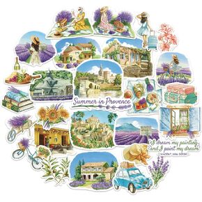 Navy Peony Summer in Provence Travel Stickers (28pcs) - Watercolor, France Lavender-Themed Vacation Decals for Scrapbooks, Water Bottle, Luggage
