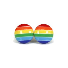 Rainbow Stripe Round Earrings Metal Free Plastic Post for Sensitive Ears 12mm (Opaque Rainbow)