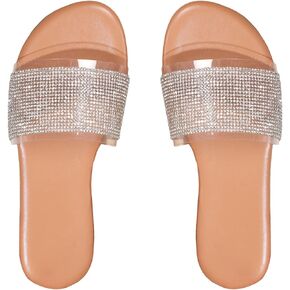 GORGLITTER Women's Rhinestone Sandals Sparkly Clear Sandals Open Toe Glitter Flat Sandals