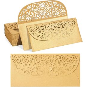 Pipilo Press Gold Money Envelopes for Cash Gifts, Laser Cut Holders for Currency for Wedding, Birthday (6.8x3.3 In, 36 Pack)