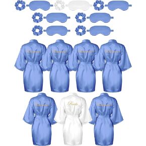 Jecery 7 Pcs Bridesmaid Robe Sets Bride Silk Satin Robes Bridal Party Robes with Sleeping Eye Mask and Elastic Headband Sets