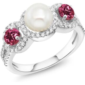 Gem Stone King 925 Sterling Silver Round Cultured Freshwater Pearl and Pink Tourmaline Ring For Women (1.28 Cttw, Gemstone Birthstone, Available In Size 5, 6, 7, 8, 9)