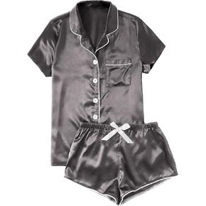 WDIRARA Women's Sleepwear Satin Short Sleeve Button Shirt and Shorts Pajama Set