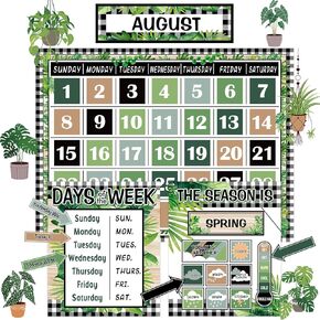Greenery Calendar Bulletin Board Set for Classroom Decoration Boho Green Calendar Seasons Weather Chart Green Plant CTP Bulletin Board Paper-Cuts for Teachers Elementary School Classroom