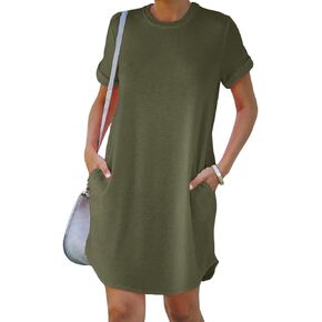 YEXIPO Women's Casual Summer Short Sleeve T Shirt Dress Nightgown Crew Neck Loose Solid Color Basic Dresses with Pockets