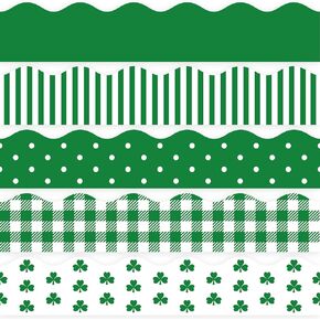 AnyDesign 65 Feet St. Patrick's Day Bulletin Board Borders Clover Spot Stripe Plaid Rolled Border Scalloped Border 5 Styles 60 Pieces Bulletin Board Stickers for Decoration Party Home Office