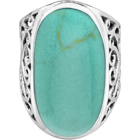 AeraVida Bold Large Oval Simulated Turquoise Intricate Heart Filigree .925 Sterling Silver Ring | Classic Wedding Rings For Women | Casual Comfort Fit Silver Rings for Women | Gift for Daughter | Sterling Silver Rings Sizes (6-9)
