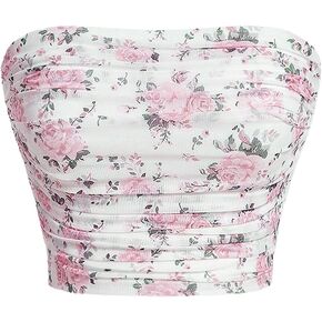 SOLY HUX Women's Floral Print Mesh Ruched Tube Crop Top Sleeveless Strapless Slim Fit Tops