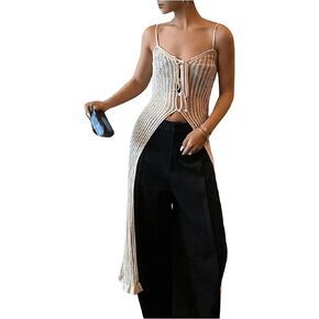 GORGLITTER Women's Crochet Knit Cami Top Y2k Split Tie Front Sleeveless Long Camisole Tops