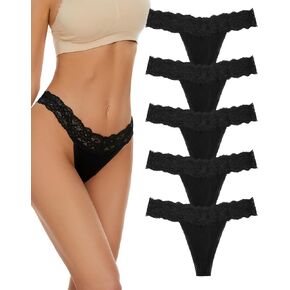 voenxe Seamless Lace Thongs for Women No Show Thong Underwear,Lady Breathable Comfort Panty Soft Laser Cut Undie,Tanga,5-Pack