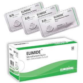 ELIMIDE Veterinary Nylon Non-Absorbable Monofilament Sutures Reverse Cutting, 3/8 Circle, 26mm, 2/0 30" FS Blue 664NL