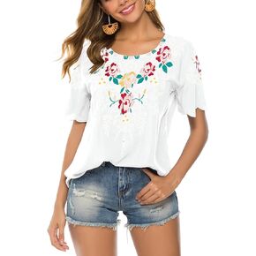 Women's Summer Embroidery Mexican Bohemian Cotton Tops Shirt Tunic Blouses (XL, White-082)