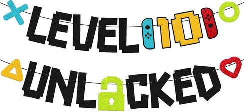 Level 10th Unlocked Sign Banner Happy 10th Birthday Level Up Tenth Bday Party Decorations for Video Game Controller Themed Kids Boy Girl Birthday Event Celebration Supplies Double Sided in Kuwait