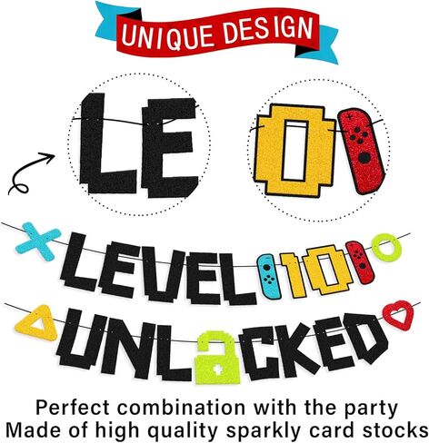 Level 10th Unlocked Sign Banner Happy 10th Birthday Level Up Tenth Bday Party Decorations for Video Game Controller Themed Kids Boy Girl Birthday Event Celebration Supplies Double Sided in Kuwait