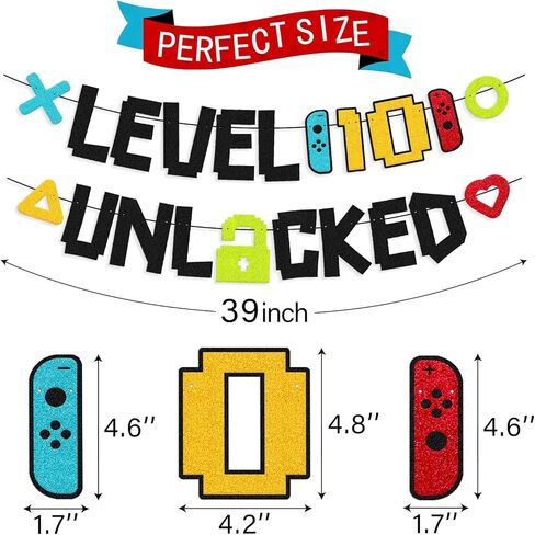 Level 10th Unlocked Sign Banner Happy 10th Birthday Level Up Tenth Bday Party Decorations for Video Game Controller Themed Kids Boy Girl Birthday Event Celebration Supplies Double Sided in Kuwait