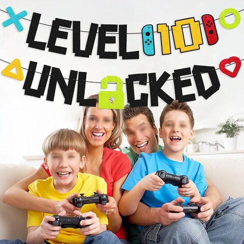 Level 10th Unlocked Sign Banner Happy 10th Birthday Level Up Tenth Bday Party Decorations for Video Game Controller Themed Kids Boy Girl Birthday Event Celebration Supplies Double Sided in Kuwait