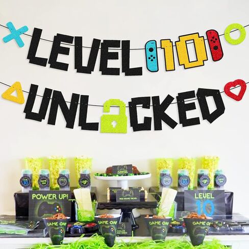 Level 10th Unlocked Sign Banner Happy 10th Birthday Level Up Tenth Bday Party Decorations for Video Game Controller Themed Kids Boy Girl Birthday Event Celebration Supplies Double Sided in Kuwait
