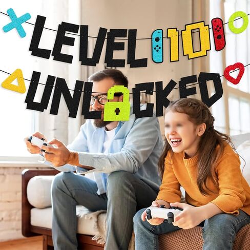 Level 10th Unlocked Sign Banner Happy 10th Birthday Level Up Tenth Bday Party Decorations for Video Game Controller Themed Kids Boy Girl Birthday Event Celebration Supplies Double Sided in Kuwait