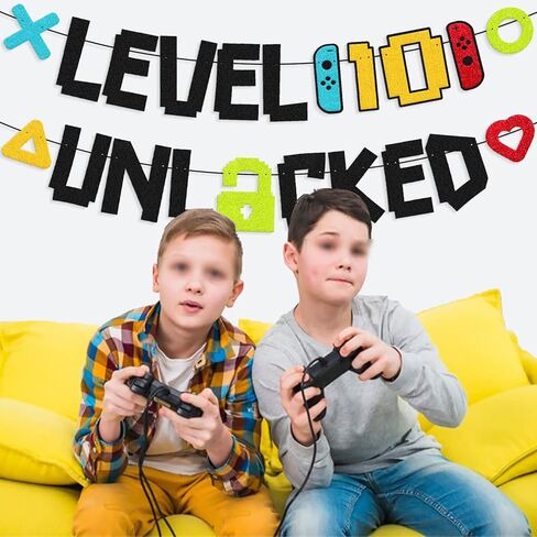 Level 10th Unlocked Sign Banner Happy 10th Birthday Level Up Tenth Bday Party Decorations for Video Game Controller Themed Kids Boy Girl Birthday Event Celebration Supplies Double Sided in Kuwait