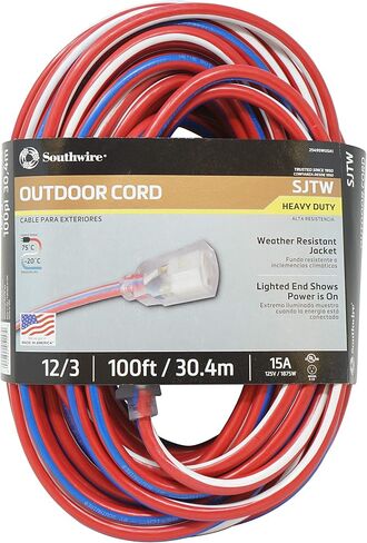 Southwire Heavy Duty Extension Cord, 50Ft, 12 Gauge, 3 Conductor, Outdoor Cord, Lighted End, SJTW, Red/White/Blue, 2548SWUSA1 in Saudi Arabia