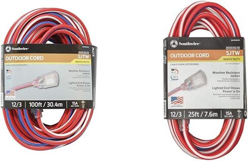 Southwire Heavy Duty Extension Cord, 50Ft, 12 Gauge, 3 Conductor, Outdoor Cord, Lighted End, SJTW, Red/White/Blue, 2548SWUSA1 in Saudi Arabia