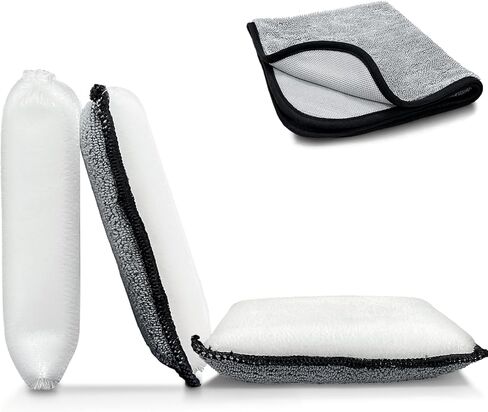 سكرب نينجا - إسفنجة تنظيف داخلية للسيارة (5 بوصة × 3 بوصات) + منشفة تنظيف، 3 قطع فرشاة نايلون للعناية الداخلية بالسيارة لتنظيف الجلود والبلاستيك والفينيل والمفروشات (أبيض/رمادي) in Kuwait