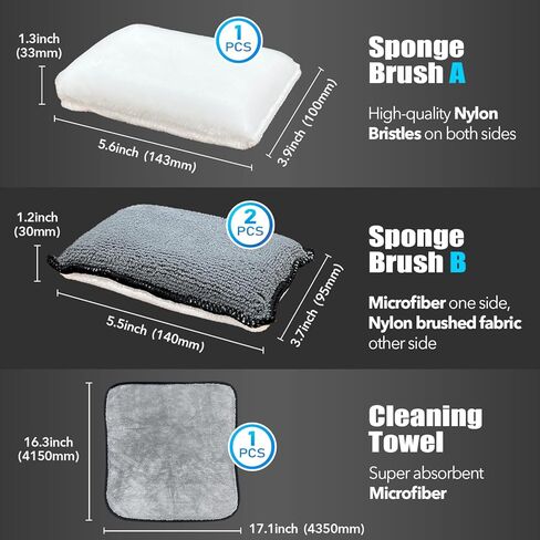 سكرب نينجا - إسفنجة تنظيف داخلية للسيارة (5 بوصة × 3 بوصات) + منشفة تنظيف، 3 قطع فرشاة نايلون للعناية الداخلية بالسيارة لتنظيف الجلود والبلاستيك والفينيل والمفروشات (أبيض/رمادي) in Kuwait
