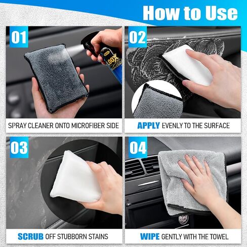سكرب نينجا - إسفنجة تنظيف داخلية للسيارة (5 بوصة × 3 بوصات) + منشفة تنظيف، 3 قطع فرشاة نايلون للعناية الداخلية بالسيارة لتنظيف الجلود والبلاستيك والفينيل والمفروشات (أبيض/رمادي) in Kuwait