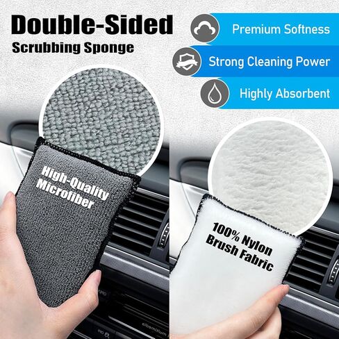 سكرب نينجا - إسفنجة تنظيف داخلية للسيارة (5 بوصة × 3 بوصات) + منشفة تنظيف، 3 قطع فرشاة نايلون للعناية الداخلية بالسيارة لتنظيف الجلود والبلاستيك والفينيل والمفروشات (أبيض/رمادي) in Kuwait