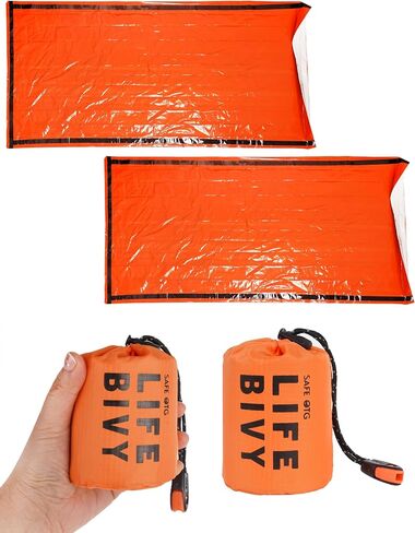 حقيبة نوم للطوارئ Life Bivy Sack 2 حزمة بقاء صافرة بطانية حرارية للفضاء مأوى للنوم محمول مدمج خفيف الوزن مقاوم للماء قابل لإعادة الاستخدام للتخييم والمشي لمسافات طويلة في الهواء الطلق ومجموعة معدات السفر، برتقالي in Saudi Arabia