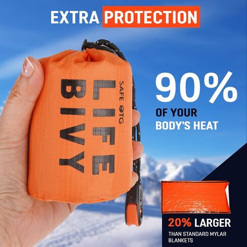 حقيبة نوم للطوارئ Life Bivy Sack 2 حزمة بقاء صافرة بطانية حرارية للفضاء مأوى للنوم محمول مدمج خفيف الوزن مقاوم للماء قابل لإعادة الاستخدام للتخييم والمشي لمسافات طويلة في الهواء الطلق ومجموعة معدات السفر، برتقالي in Saudi Arabia