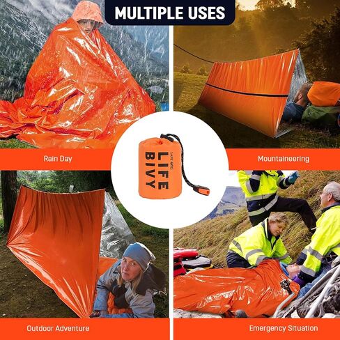 حقيبة نوم للطوارئ Life Bivy Sack 2 حزمة بقاء صافرة بطانية حرارية للفضاء مأوى للنوم محمول مدمج خفيف الوزن مقاوم للماء قابل لإعادة الاستخدام للتخييم والمشي لمسافات طويلة في الهواء الطلق ومجموعة معدات السفر، برتقالي in Saudi Arabia