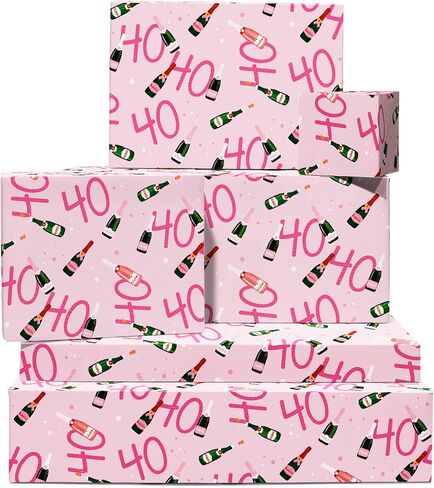 CENTRAL 23 Birthday Wrapping Paper for Women - 40th Birthday - 6 Sheets of Pink Gift Wrap - Age 40 Forty - Prosecco - Comes with Stickers - Recyclable in Saudi Arabia