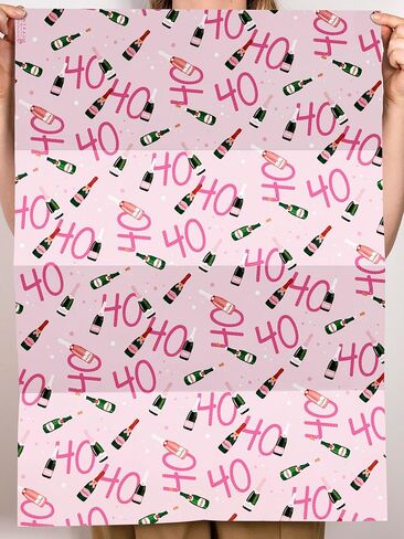 CENTRAL 23 Birthday Wrapping Paper for Women - 40th Birthday - 6 Sheets of Pink Gift Wrap - Age 40 Forty - Prosecco - Comes with Stickers - Recyclable in Saudi Arabia