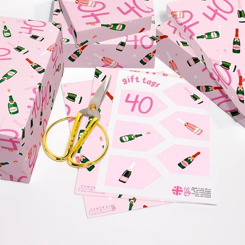 CENTRAL 23 Birthday Wrapping Paper for Women - 40th Birthday - 6 Sheets of Pink Gift Wrap - Age 40 Forty - Prosecco - Comes with Stickers - Recyclable in Saudi Arabia