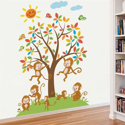 Runtoo Monkey Wall Decals Jungle Animal Tree Wall Stickers for Baby Nursery Kids Bedroom Wall Decor in Saudi Arabia