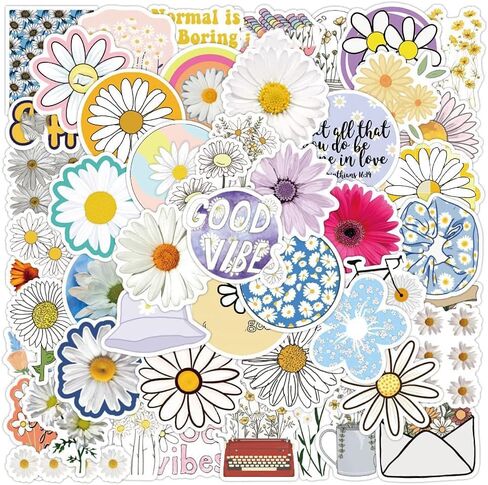 ملصقات JHJ Daisy Flower المقاومة للماء من الفينيل مجموعة جمالية مكونة من 50 قطعة مناسبة للكمبيوتر المحمول وحقيبة السفر والهاتف المحمول ودفتر القصاصات وزجاجة المياه وملصقات الكتابة على الجدران للدراجة، هدية للأطفال/المراهقين/الكبار (JHJ) in Saudi Arabia