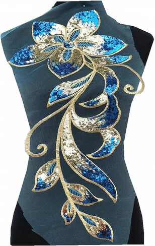 Mesh Sequins Flower Patches Embroidery Fabric Sewing Applique Embroidered Lace Patch for Clothing Dancing Wedding Dress DIY Craft (Gold) in Saudi Arabia