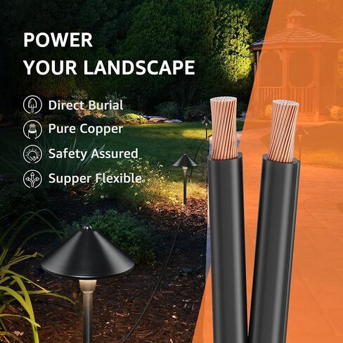 SUNVIE 100FT 14 Gauge Low Voltage Wire 14/2 Low Voltage Landscape Wire, 14 Gauge Stranded Copper Wire Direct Burial Lamp Wire 14 AWG 2 Conductor Electric Wire for Landscape Lighting, ETL Listed in Saudi Arabia