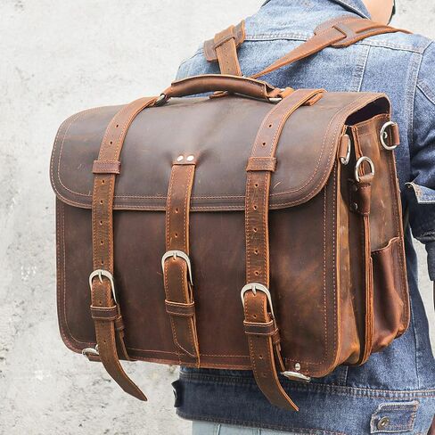 حقيبة جلدية احترافية مقاس 16 بوصة مصنوعة من الجلد المحبب بالكامل للرجال حقيبة كتف للأعمال تناسب كمبيوتر محمول مقاس 15.6 بوصة in Kuwait