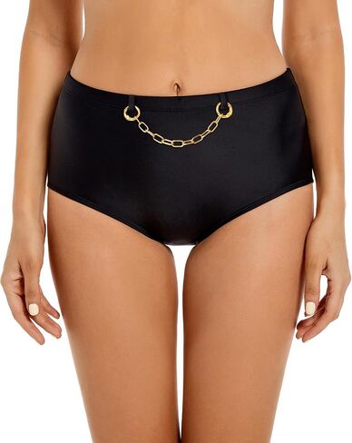 Womens High Waisted Bikini Bottoms Tummy Control Full Coverage Bathing Suit Swim Bottom with Paperclip Chain M in Saudi Arabia