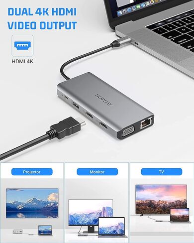 محطة إرساء USB C، قاعدة Thunderbolt 3، 12 منفذًا للكمبيوتر المحمول متعدد المنافذ، شاشة رباعية مع HDMI مزدوج 4K، VGA، إيثرنت، USB 3.0، 100 واط PD لجهاز USB C in Saudi Arabia