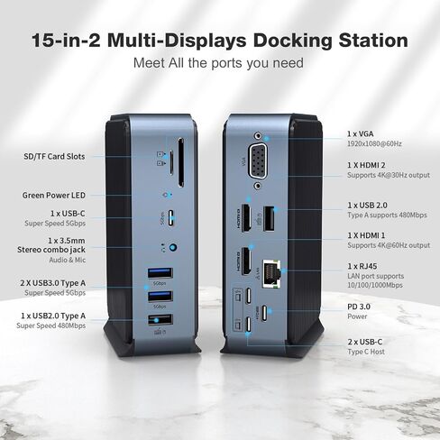 USB C Docking Station - 15-in-2 USB C Hub Supporting Triple Monitor Display Through VGA/2*HDMI, 100W PD Laptop Dock Featuring USB-A/C 3.0 5Gbps, RJ45 Ethernet, Audio & Mic, SD/TF for Type C Laptop in Saudi Arabia