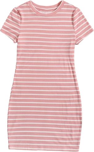 OYOANGLE Girl's Summer T-Shirt Dress Striped Print Short Sleeve Ribbed Knit Casual Dress in Saudi Arabia