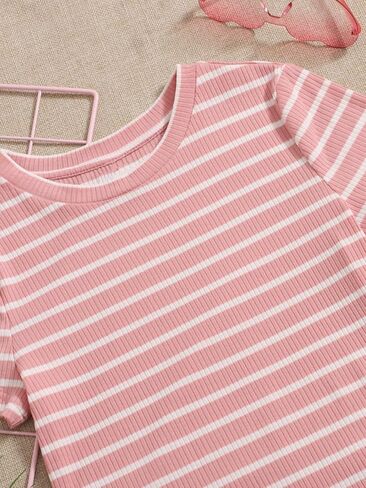 OYOANGLE Girl's Summer T-Shirt Dress Striped Print Short Sleeve Ribbed Knit Casual Dress in Saudi Arabia