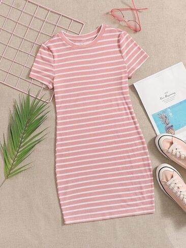 OYOANGLE Girl's Summer T-Shirt Dress Striped Print Short Sleeve Ribbed Knit Casual Dress in Saudi Arabia