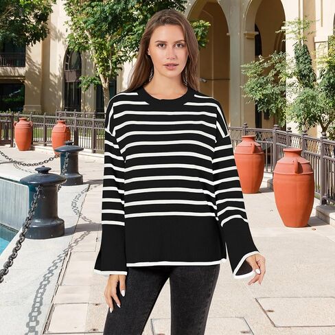 سترة TRENDSTITCH النسائية لخريف وشتاء 2023 مخططة بأكمام طويلة ورقبة دائرية كبيرة الحجم ومضلعة ومتماسكة وفتحة جانبية بلوفر عصري in Kuwait