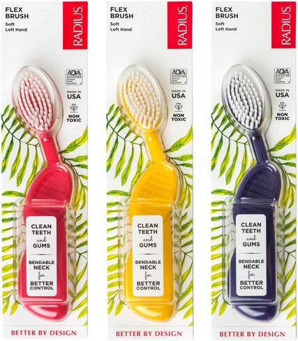 RADIUS Flex Brush with Soft Bristles Toothbrush BPA Free & ADA Accepted Designed to Improve Gum Health & Reduce Issues - Left Hand - Purple/Watermelon/White - Pack of 3 in Saudi Arabia