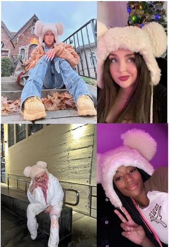 Cute Plush Faux Fur Animal Critter Hat Cap with Ear Flaps Fuzzy Bear Hat Soft Warm Winter Hat Beanie for Adults Women Girls in Kuwait