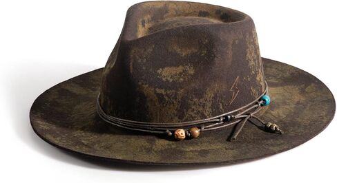 RUEDIGER Wide Brim Fedora Hats for Men Women 100% Wool Felt Panama Rancher Hat with Lightning Logo Distressed/Burned Handmade in Kuwait